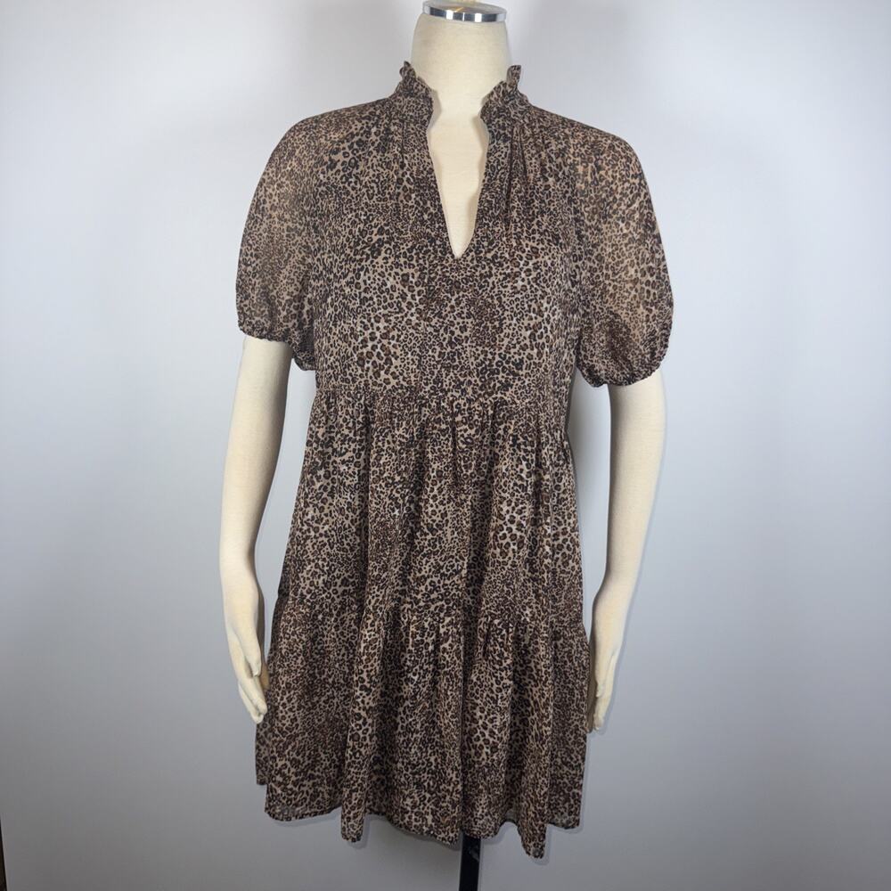 1.State Animal Print Chiffon Ruffle Neck Babydoll Above The Knee Women's Medium